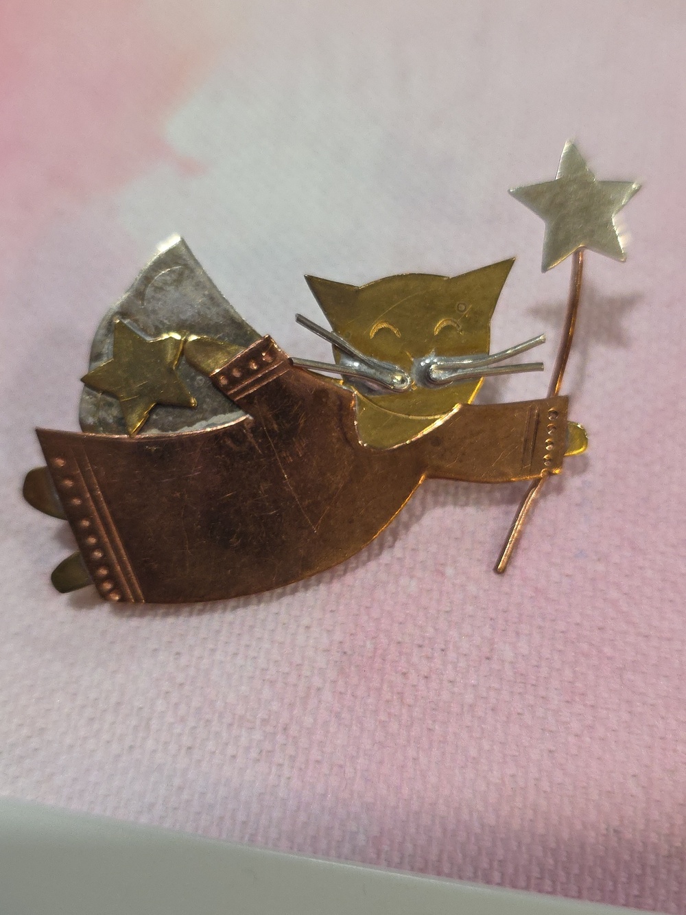 Hand Crafted Gold and Copper Cat W/ Star Wand Pin - Women Jewelry Brooches